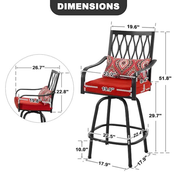 Black 2-Piece Swivel Metal Outdoor Bar Stools with Red Cushions, Square-to-Round Footrest Design