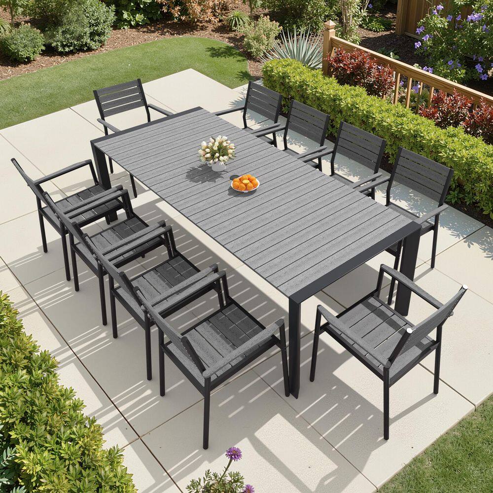11-Piece Aluminum Dining Set 95.08 in. Rectangular Dining Table and 10 Stackable Dining Chair WPC in Dark Gray for Patio price history on PriceWatchPro