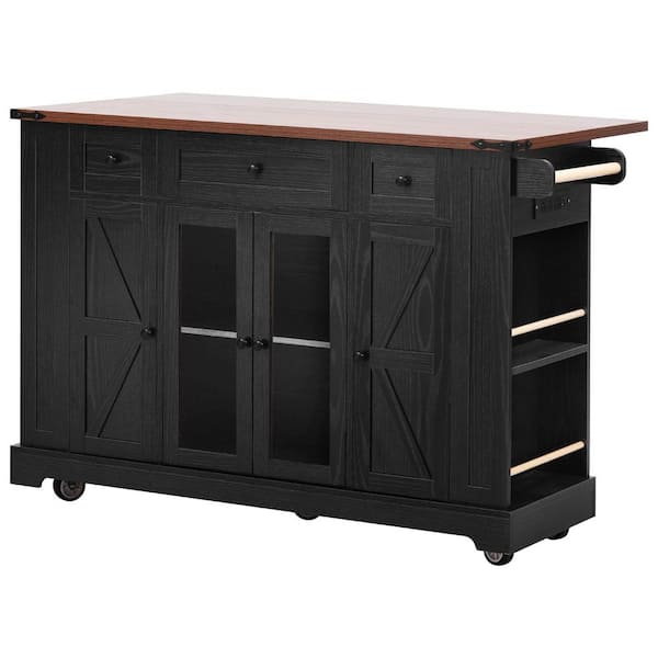 Black Wood 53 in. Farmhouse Kitchen Island on Wheels with Drop Leaf, Glass Door Cabinet, 3 Drawers and Towel Rack