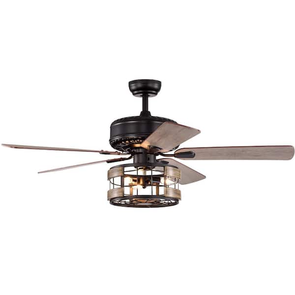 HKMGT Farmhouse 52 in. Indoor Black Ceiling Fan with Wire Cage Lampshade, 2-Color-Option Blades and Remote Included