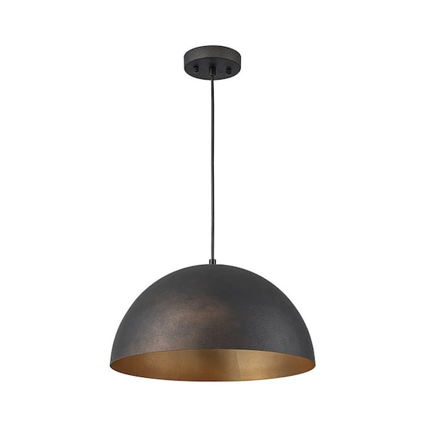 PCover 3-Light 31.5 in. W Black Pendant Light Dome Hanging Light with Brown Orange Gloss and Gold Foil Interior