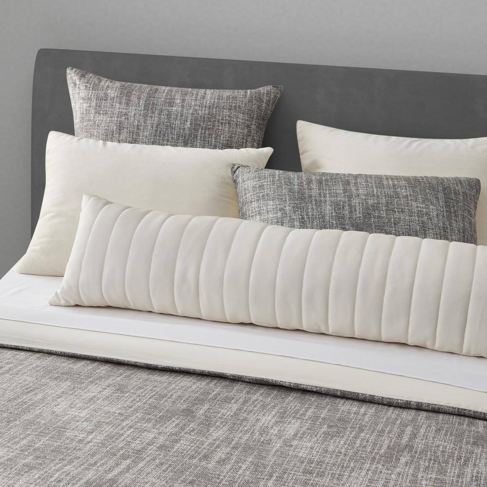 Ivory Faux-Leather Channel Quilted Lumbar Pillow