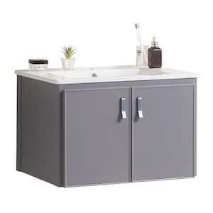 24 in. W x 19 in. D x 16 in. H Wall Mount Bathroom Vanity with  Single Sink and White Ceramic Top 2-Doors,Grey