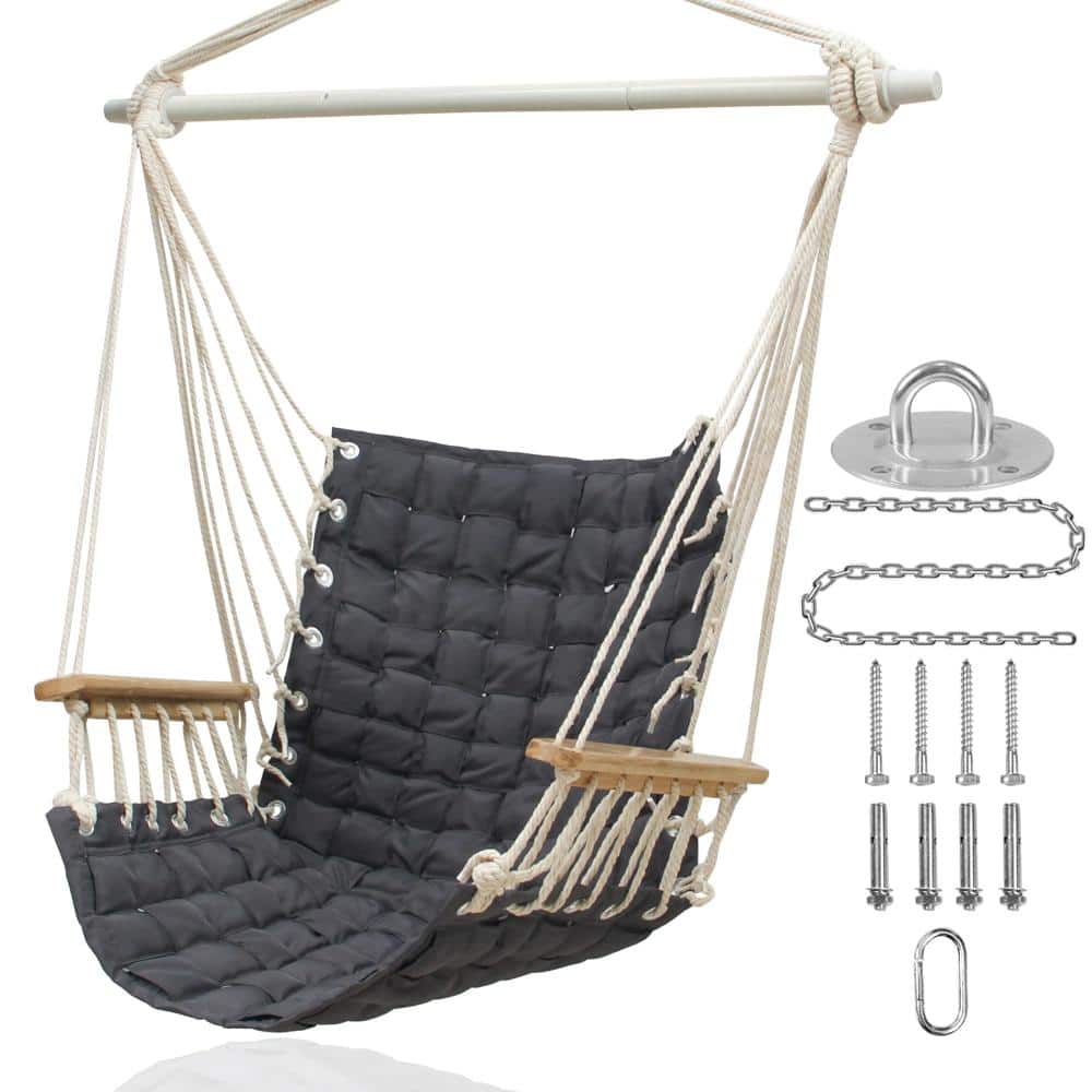 Hammock Swing Chair with Wooden Armrests Steel Spreader Bar Cotton Woven Fabric 300 Lb Dark Grey Upgraded
