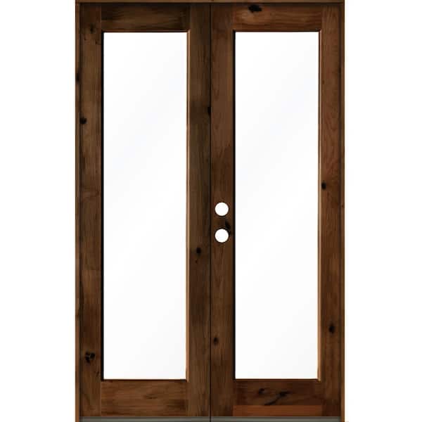 Krosswood Doors 64 in. x 96 in. Rustic Knotty Alder Wood Clear Full-Lite Provincial Stain Right Active Double Prehung Front Door