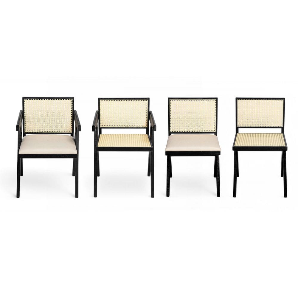 Black Solid Wood and Cane Upholstered Side Chair Set