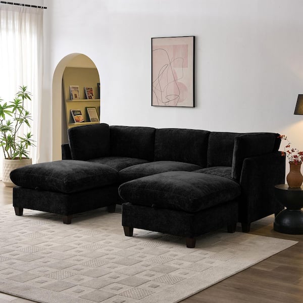Prescott Modern 96.5 in. Chenille Fabric Upholstered U-Shaped 3-Seater Storage Sectional Sofa in Black with Ottomans