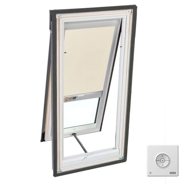 VELUX 21 in. x 45-1/2 in. Venting Deck-Mount Skylight with Tempered LowE3 Glass and Beige Solar Powered Blackout Blind