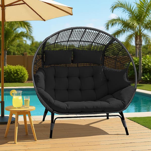 2-Person Gray Double PE Wicker Outdoor Lounge Egg Chair with Gray Cushion