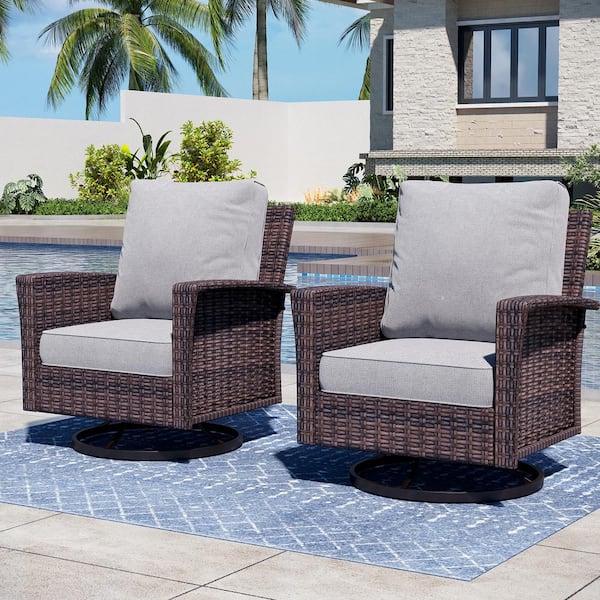PHI VILLA Dark Brown High Back Swivel Wicker Outdoor Lounge Chair with 5.5 in. Thick Light Gray Cushions (2-Pack)