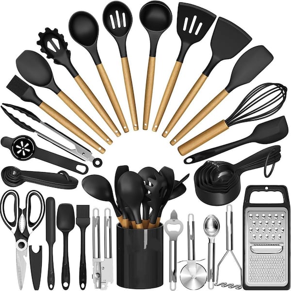 Black Silicone Kitchen Utensil Set, 34-Piece Heat Resistant Kitchen Gadgets and Tools With Grater, Wood Handles