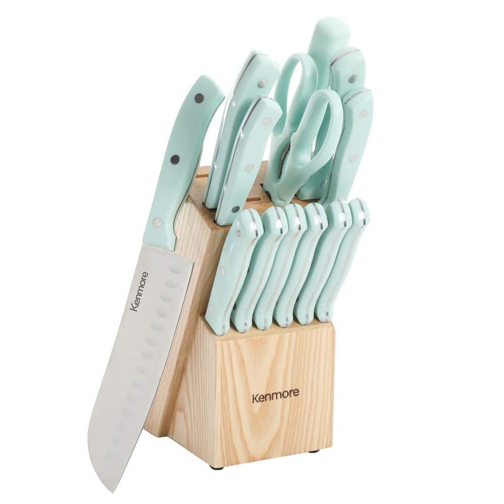 Kenmore Kane 14-Piece Glacier Blue Stainless Steel Cutlery Set with Rubber Wood Block