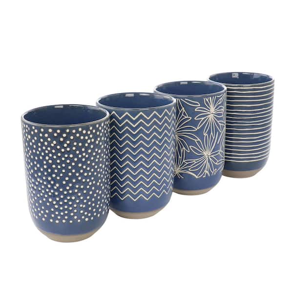 Laurie Gates Madrina 4 Piece 19 oz. Stoneware Assorted Designs Beverage Mug Set in Blue