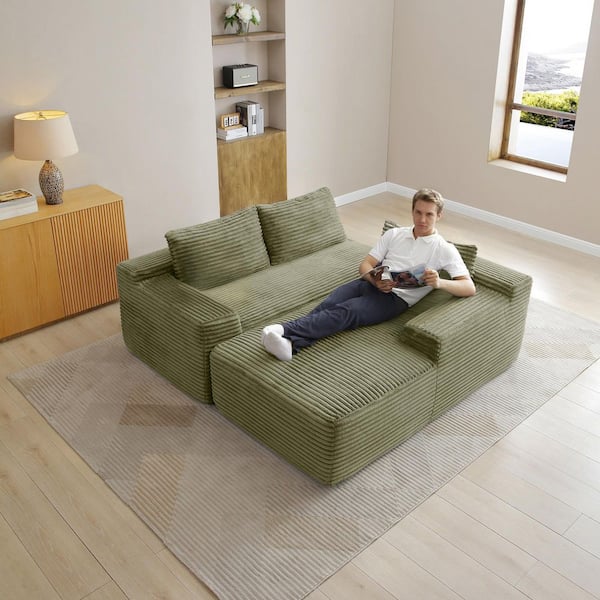 Seafuloy 96 in. Corduroy L-Shaped Sectional Sofa with Ottoman