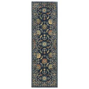 Fleetwood Blue/Multi-Colored 2 ft. x 8 ft. Bohemian Oriental Floral Polypropylene Fringe Edge Indoor Runner Area Rug