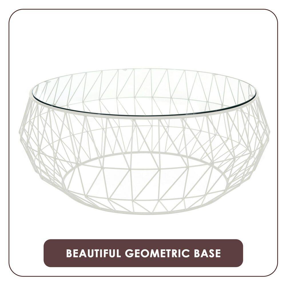 White Round Glass Top Coffee Table with Metal Base
