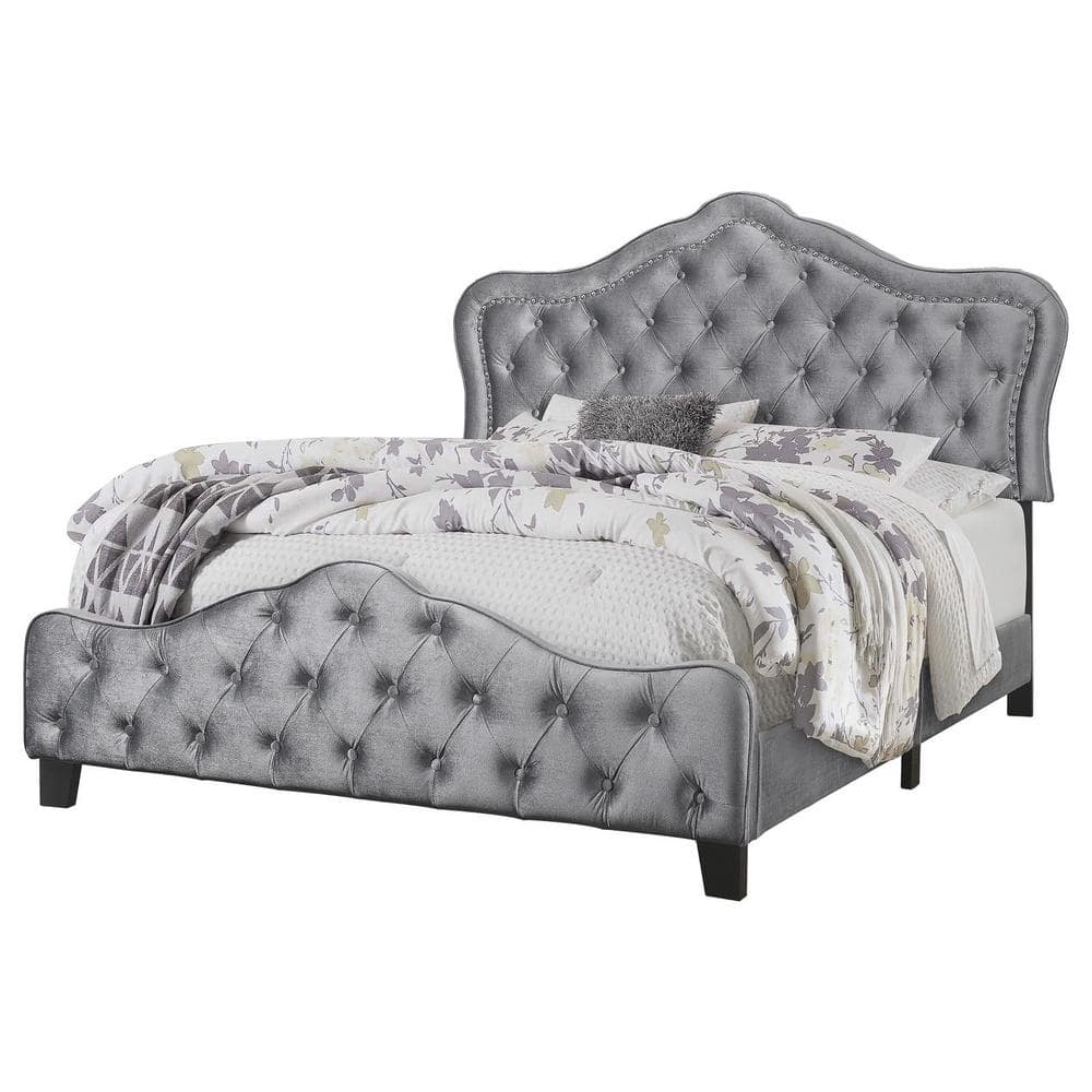 Gray Queen Upholstered Bed with Tufted Headboard and Nailhead Trim