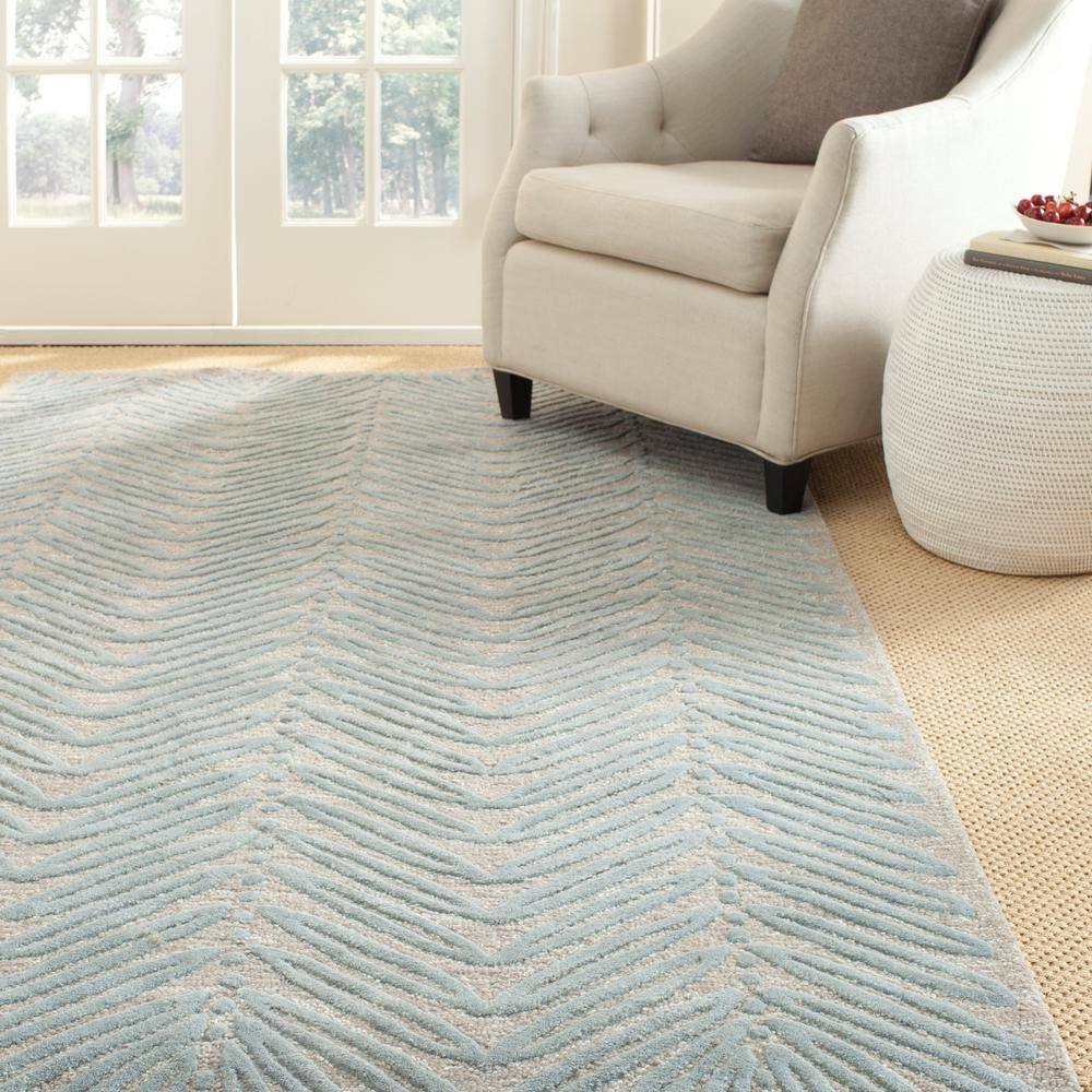 Hand-Tufted Chevron Leaves Blue Wool and Viscose 30" Rug