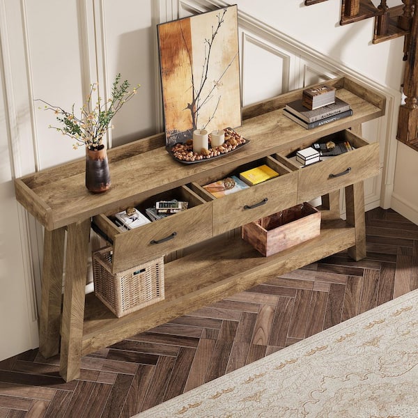 Turrella 70.87 in. Brown Rectangle MDF Entryway Console Table with 3 Drawers & Open Shelf, Rustic Extra Long Sofa Table