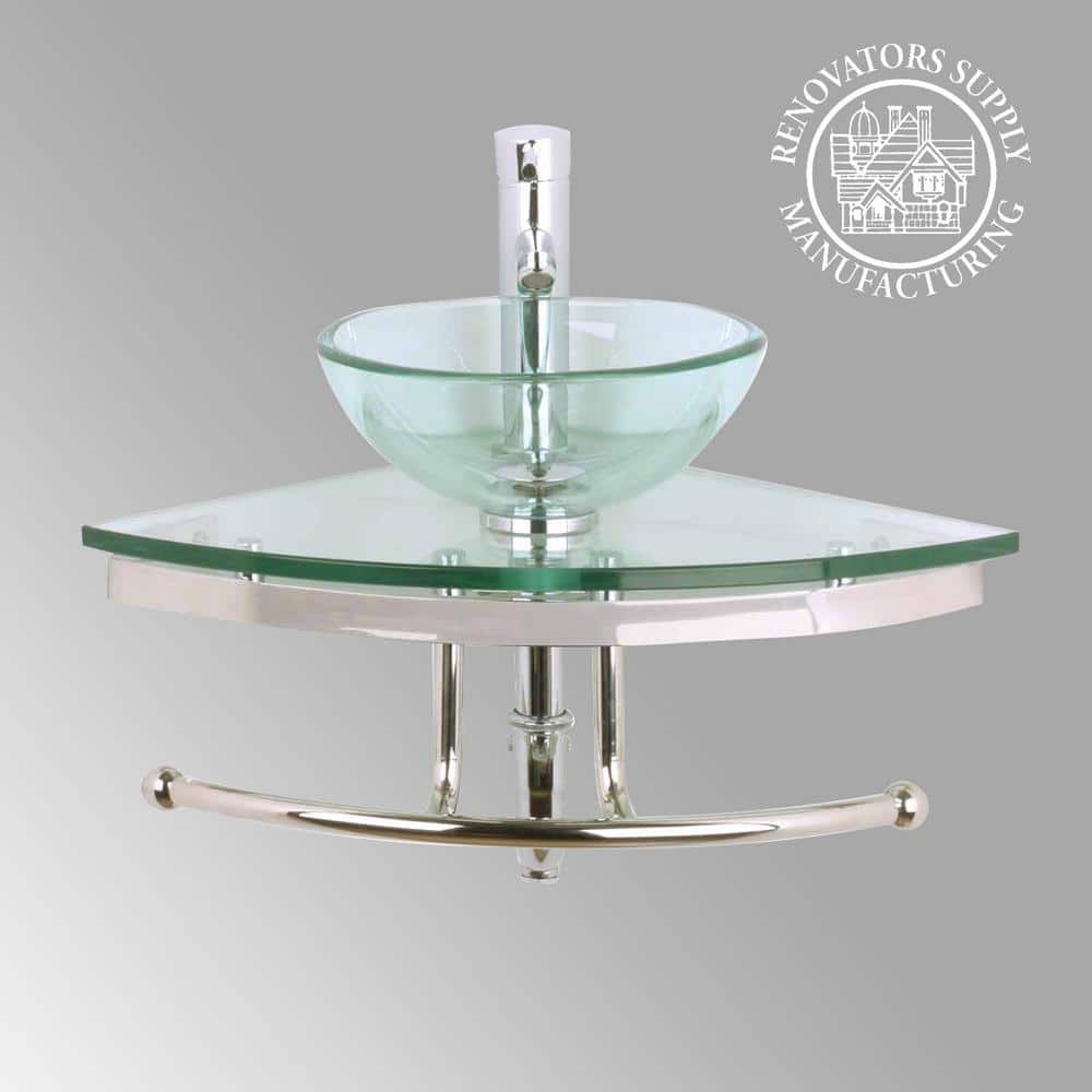 Round Corner Clear Tempered Glass Wall Mount Sink with Chrome Faucet