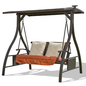 70.00 in. 2-Person Brown Metal Adjustable Canopy Patio Swing with Solar LED Light and 2-Orange Sunbrella Cushions