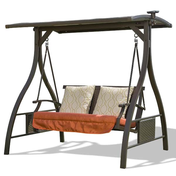 Sudzendf 70.00 in. 2-Person Brown Metal Adjustable Canopy Patio Swing with Solar LED Light and 2-Orange Sunbrella Cushions
