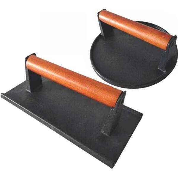 Cast Iron Grill Presses with Wood Handle and Flat Bottom for Grilling and Pressing Bacon, Sandwiches, and Meats (2-Pack)