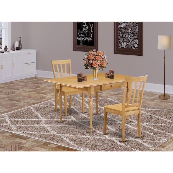 East West Furniture 3-Piece Natural Brown Oak Finish Solid Wood Top With Dropleaf Dining Table Set for Small Spaces