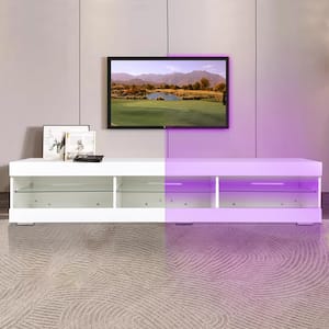 71 in. White TV Stand Fits TV's up to 75 in. with LED Lights Entertainment Center TV Cabinet with Open Glass Shelves