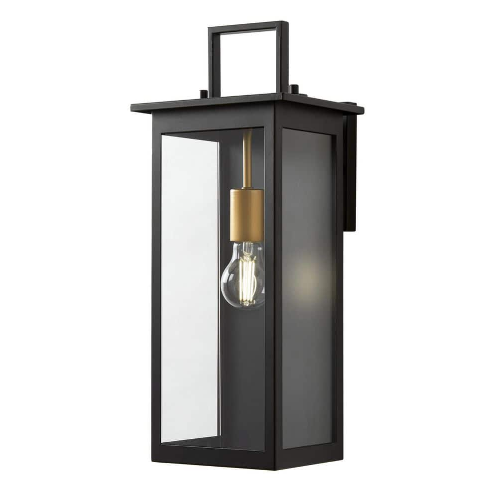 Autumnhill 19.13 in. Matte Black with Gold Accents 1-Light Outdoor Line Voltage Wall Sconce with No Bulb Included -  Hampton Bay, HB7096-43