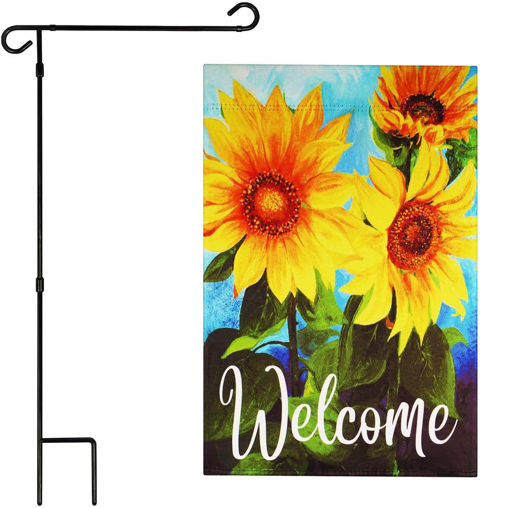 1 ft. x 1.5 ft. Polyester Welcome Sunflowers Blue Sky 2-Sided Garden Flag Blockout with 36 in. Black Iron Garden Stand price history on PriceWatchPro