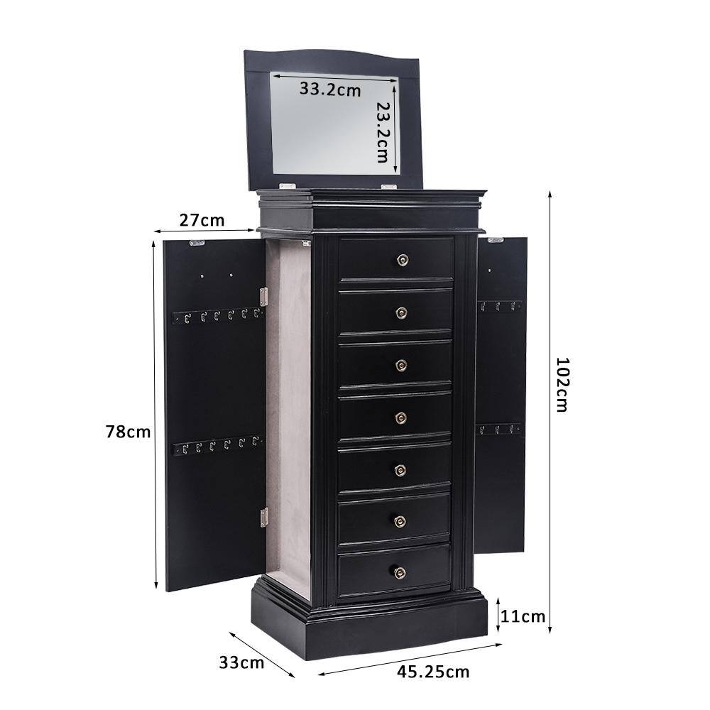 Black MDF Freestanding Jewelry Armoire with Mirror and 7 Drawers