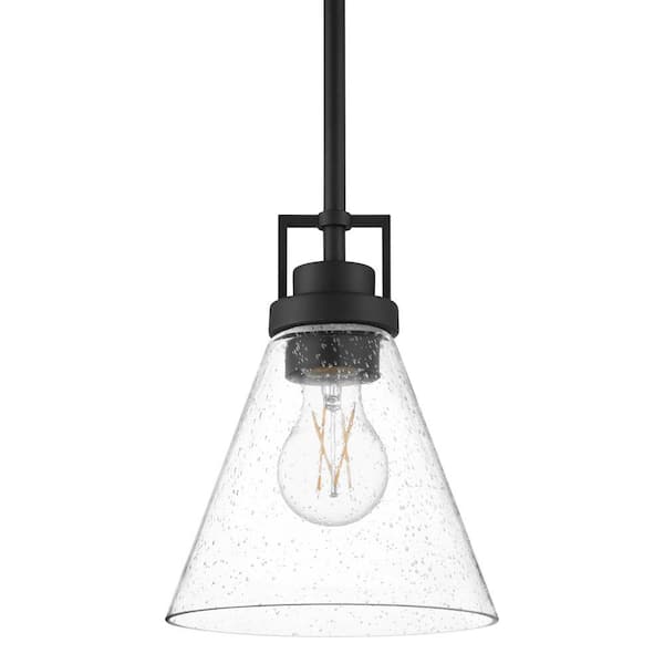 Home Decorators Collection Clermont 1-Light Matte Black Shaded Pendant Light with Seeded Glass Shade
