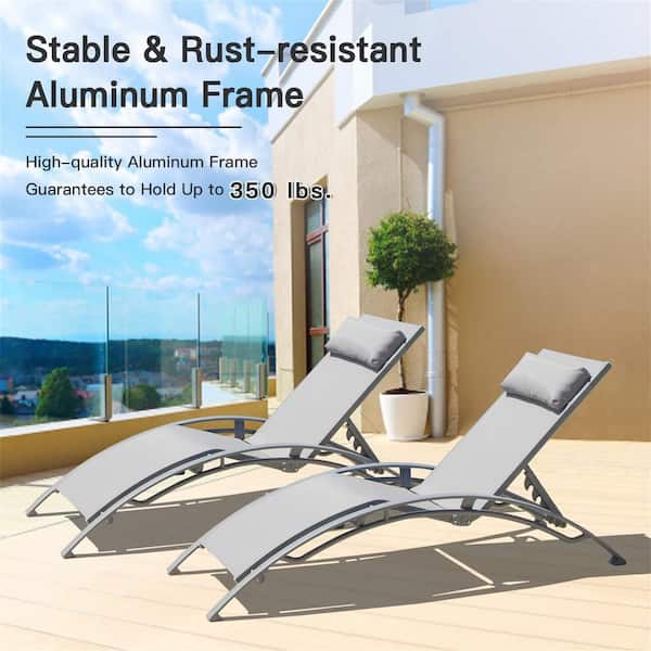 Clihome Patio Recliner Chairs with Adjustable Backrest and Removable Pillow Gray, 2 Lounge Chair