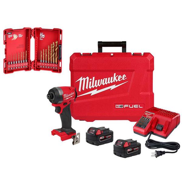 Milwaukee M18 Fuel 18-Volt Lithium-Ion Brushless Cordless Impact Driver XC Kit with Shockwave Titanium Drill Bit Set (15-Piece)