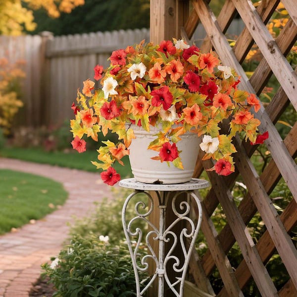 15.7 in. Orange White Artificial Petunias Silk Faux Flowers UV