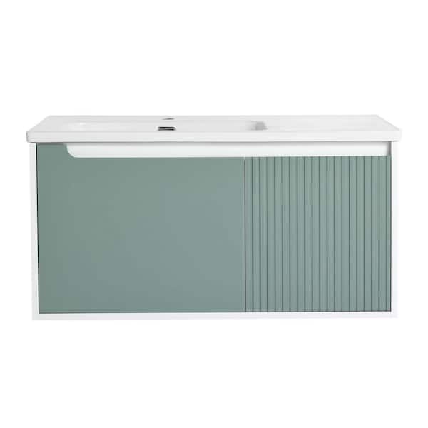 FUNKOL 40 in. W x 20 in. D x 20 in. H Single Sink Wall Mounted Bath Vanity in Green with White Ceramic Top