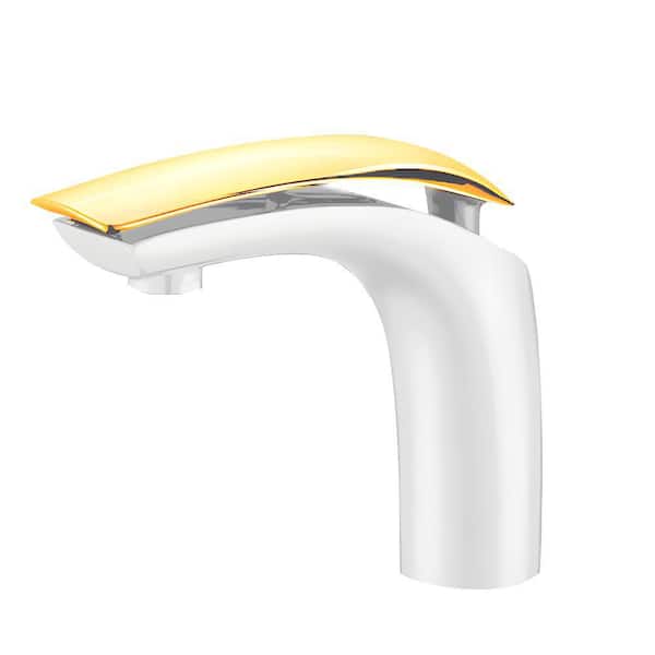 HOMLUX Single Handle Single Hole Bathroom Faucet with Drain Kit Included in Matte White White/Gold