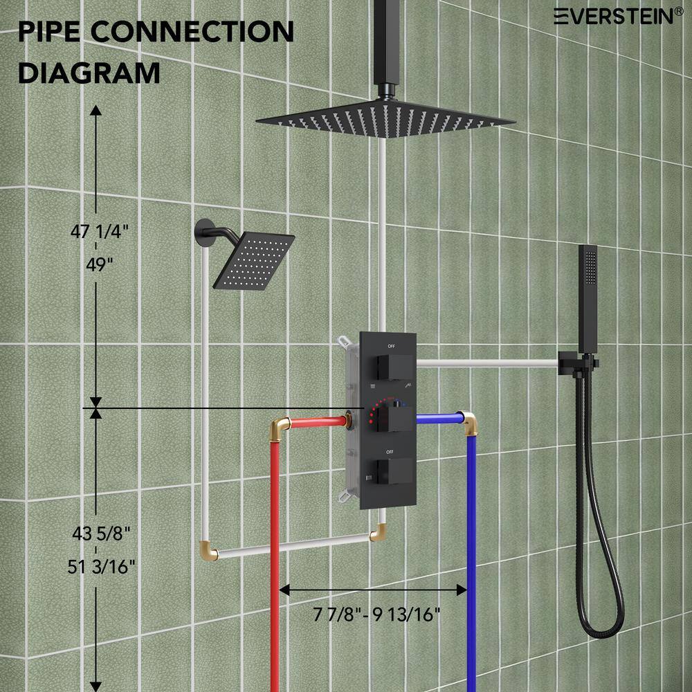 Matte Black 12" Ceiling Mounted Rainfall Shower System with Jets
