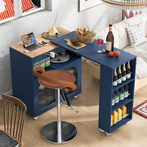 Navy Wood 33.22 in. Rolling Kitchen Island With Extended Table, LED Lights, Power Outlets and 2 Fluted Glass Doors