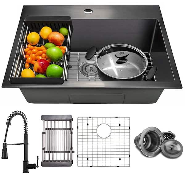 AKDY All-in-One Matte Black Finished Stainless Steel 25 in. x 22 in. Drop-In Single Bowl Kitchen Sink with Spring Neck Faucet