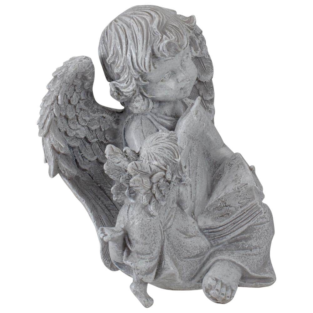 Distressed Gray Cherub Angels Reading Book Garden Statue