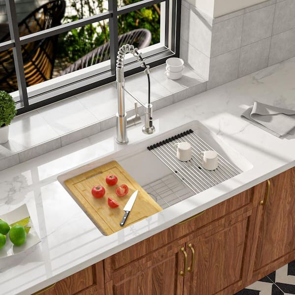 Quartz Composite 30 in. W Undermount Single Bowl Workstation Kitchen Sink in White