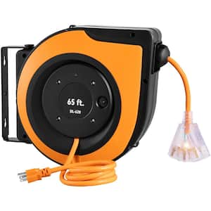 65 ft. 12/3 15Amp Retractable Extension Cord Reel with 1 Outlets Heavy Duty SJTOW Power Cord with Lighted Triple Tap