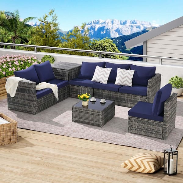 Unbranded 6-Piece Wicker Patio Conversation Set with Blue Cushion, Patio Sectional Sofa Set with Coffee Table & Storage Deck Box