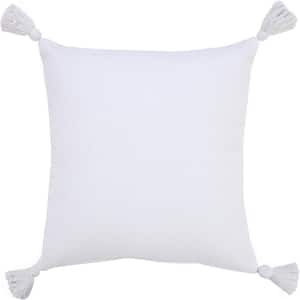 Solid White 20 in. x 20 in. Cotton Everyday Decorative Throw Pillow with Tassels