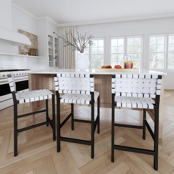 Butler Specialty Company Bromley24.5 in. Seat Height White Leather and Iron Low Back Counter Stool