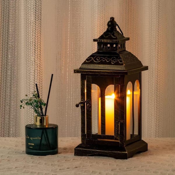 12.4 in. x 4.7 in. Black with Copper Brush Metal Vintage Lantern