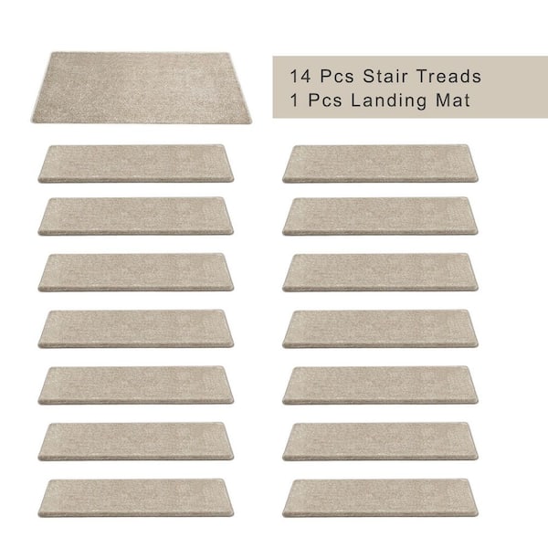 Cream Gray 9.5 in. x 30 in. x 1.2 in. Bullnose Polypropylene Non-slip Carpet Stair Tread Cover Landing Mat (Set of 15)
