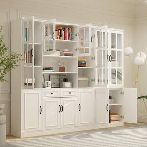 94.5 in. Wide White Wooden MDF 19-Tier Shelves Accent Bookcase with 6 Tempered Glass Door and 2 Drawers
